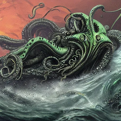 Prompt: Cthulhu coming out of the Great Pacific Garbage Patch with thrash on his face, detailed fantasy art