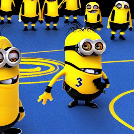 Prompt: lebron teaching the minions how to shoot, kids drawing,