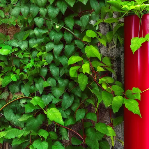 Prompt: photo realistic, high level of detail, high resolution, 3 5 mm lens : ( subject = red steel pillar + ( object = vines + object detail = green, lush ) ) + ( perspective = diminishing scale + low focal point, low focus distance )