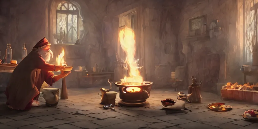 Prompt: a wholesome animation key shot of oldv bearded wizard coocking the magical brew that emmits sparklings in pot at fireplace, medium shot, rendered in unreal engine 5, anime key art by greg rutkowski, bloom, dramatic lighting