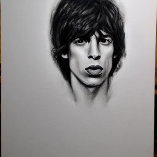 Image similar to charcoal portrait of young mick jagger, in the style of casey baugh