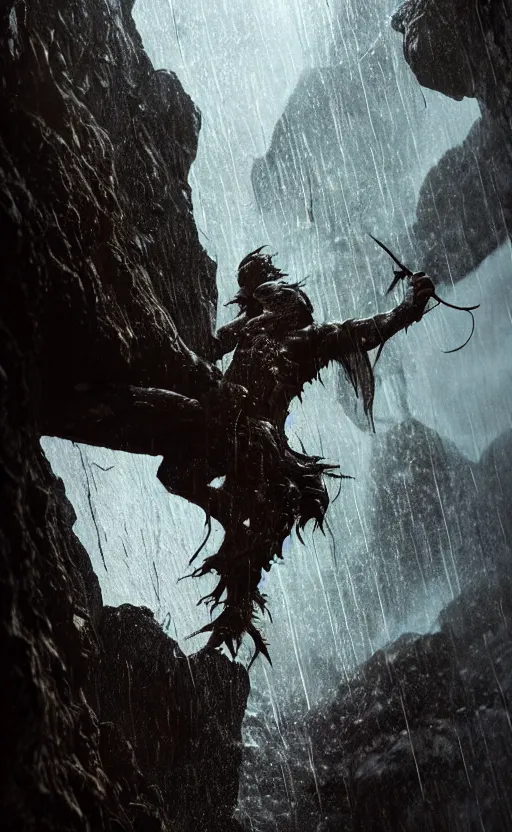 Prompt: vertical movie frame with Dungeons and Dragon's style RANGER climbing mountain, rain , wet rock, seen from below, inspired by monster hunter and dark fantasy and fashion, beautiful body, clean brutal blooded symmetrical face, brutal bloody, epic,dramatic lighting, cinematic, establishing shot, extremely high detail, photorealistic, brutal, provocative , cinematic lighting, artstation, octane render, dark fantasy ,old photo, vintage, black and white, Boris vallejo, sepia, old photography, documentary photography