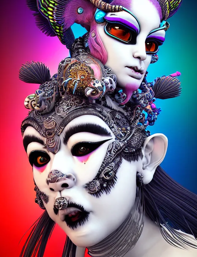 Image similar to 3 d photo realistic goddess close - up profile portrait punk with mohawk with ram skull. beautiful intricately detailed japanese crow kitsune mask and clasical japanese kimono. betta fish, jellyfish phoenix, bio luminescent, plasma, ice, water, wind, creature, artwork by tooth wu and wlop and beeple and greg rutkowski