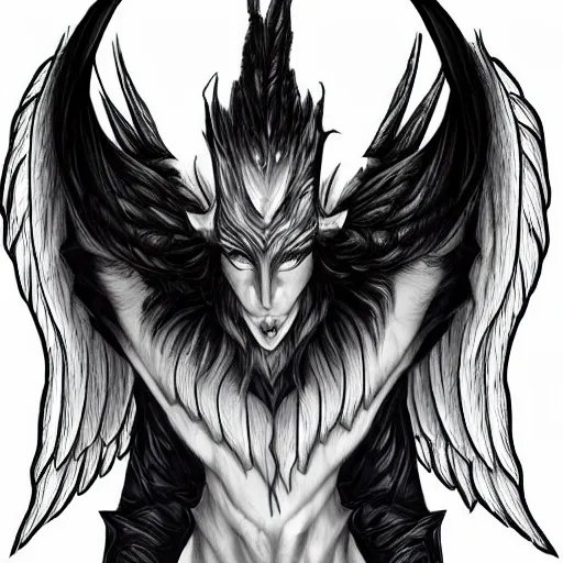 Prompt: hybrid of an angel and demon, made of flowing energy, horns, wings, villain look, trending on arstation HD