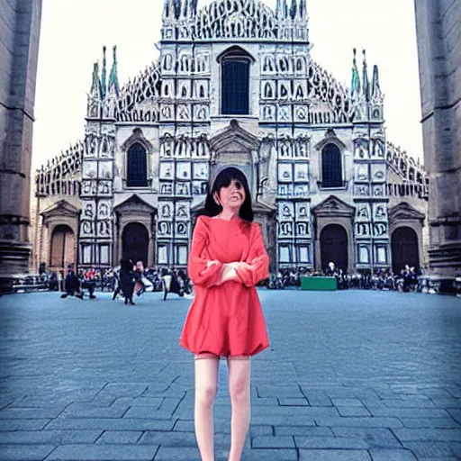 Image similar to “anime girl in front of the duomo cathedral in Milano, pixiv anime”