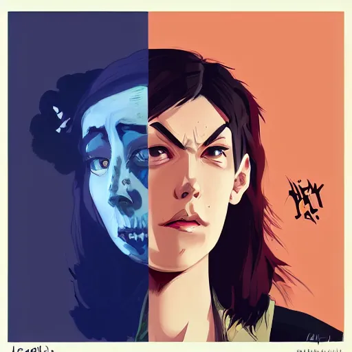 Image similar to Highly detailed portrait of a punk zombie young lady by Atey Ghailan, by Loish, by Bryan Lee O'Malley, by Cliff Chiang, ((dark blue moody background))