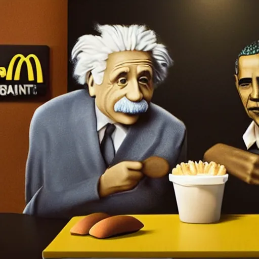 Prompt: Einstein and Obama sitting at McDonalds, ultra detailed, photorealistic, dramatic lighting