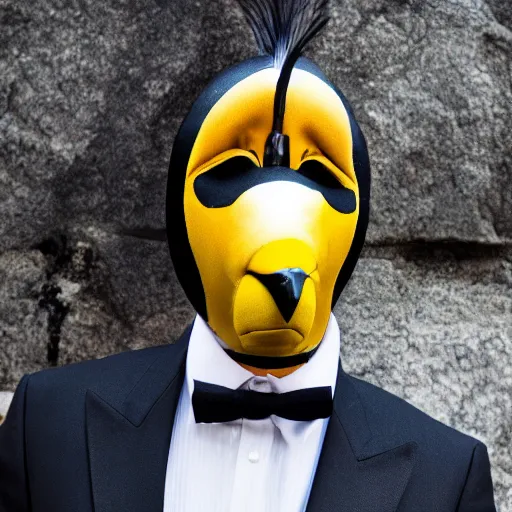 Image similar to Photo of a man in a suit wearing a mask of an emperor penguin, 4k, photorealistic, hd