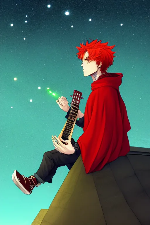 Prompt: red haired man character with a guitar in his hand, sitting on a roof top at night with many stars, wearing a nice green cloak, very artistic pose, background in blurred, perfect lighting. professional design. great composition, illustration, highly detailed, digital painting, concept art, trending on artstation, by katsuya terada