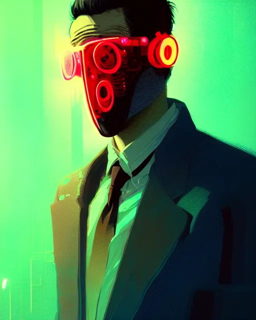 Prompt: cyberpunk synth, hyper - realistic portrait of a man in a suit with detailed neon mask, cyberpunk, intricate, digital painting, by atey ghailan, by greg rutkowski, by greg tocchini, by james gilleard, by joe fenton, by kaethe butcher, dynamic lighting, gradient light blue, lighting color scheme, sharp focus, grunge aesthetic