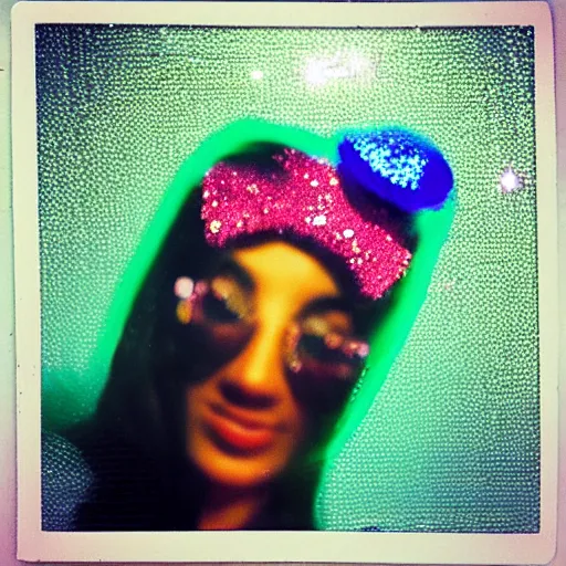 Prompt: “ disco frog wearing a sequin headband in a disco club, flashing colored lights in background, polaroid photo ”