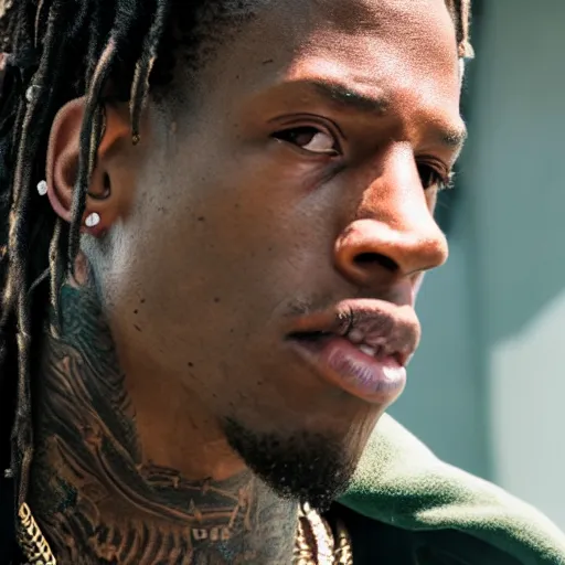 Prompt: a still of Travis Scott starring in a Succession (2019), portrait, 40mm lens, shallow depth of field, close up, split lighting, cinematic