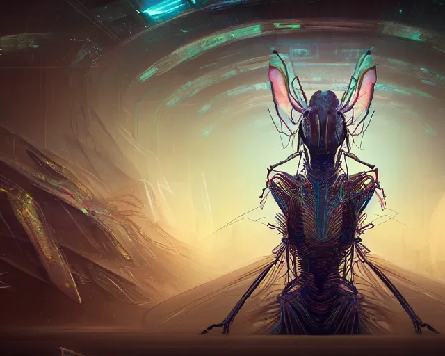 Prompt: mantis queen, intricate abstract. intricate artwork, by tooth wu, wlop, beeple, dan mumford. concept art, octane render, trending on artstation, greg rutkowski very coherent symmetrical artwork. cinematic, key art, hyper realism, high detail, octane render, 8 k, iridescent accents