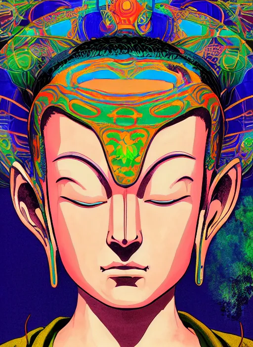 Prompt: portrait of a psychedelic buddha, digital painting masterpiece, advanced lighting technology, stylized yet realistic anatomy and face, gorgeous, by reiq and bengus and akiman and shigenori soejima and bastien vives and balak and michael sanlaville and jamie hewlett, 4 k wallpaper, cinematic, gorgeous brush strokes, coherent and smooth