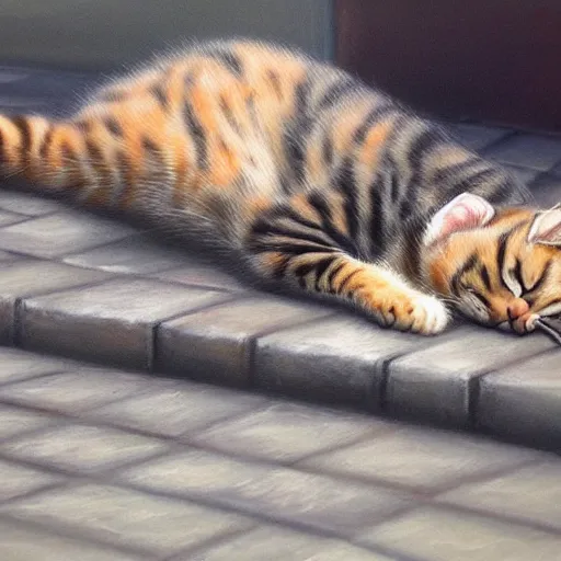 Image similar to realistic painting of a cat sleeping on a sidewalk at midnight highly detailed trending on art station