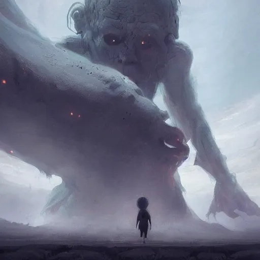 Image similar to a beautiful terrifying pale humanoid giant looms over a tiny human. ethereal fantasy art by greg rutkowski