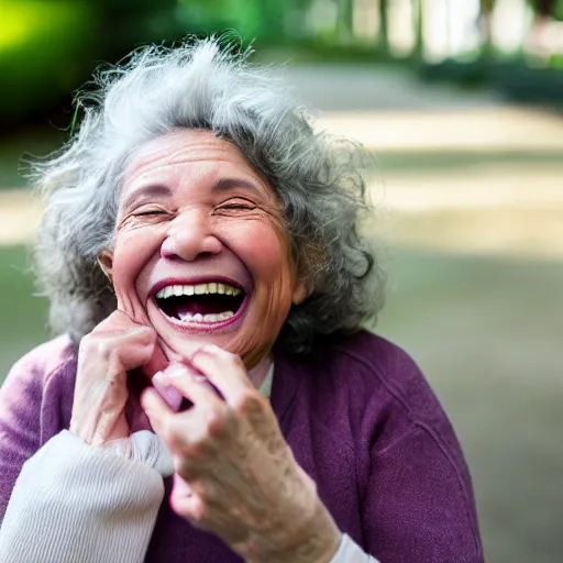 Prompt: an old woman laughing in a park. she has a thin translucent oxygen tubing under her nose