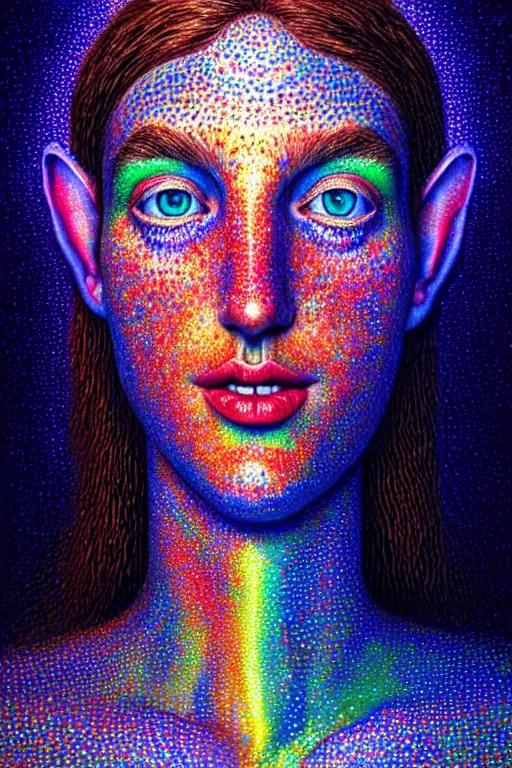 Prompt: hyperrealistic close-up pointillism psychedelic elf in another dimension!! highly detailed concept art eric zener elson peter cinematic hard synthweave lighting high angle hd 8k sharp shallow depth of field, inspired by David Paul Cronenberg and Zdzisław Beksiński