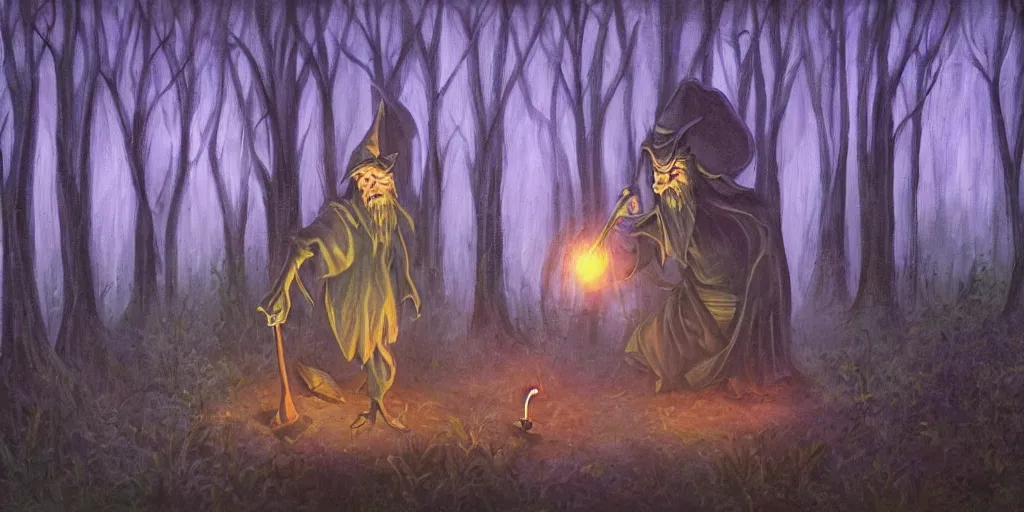 Prompt: wizard painting casting a spell in the forest at night