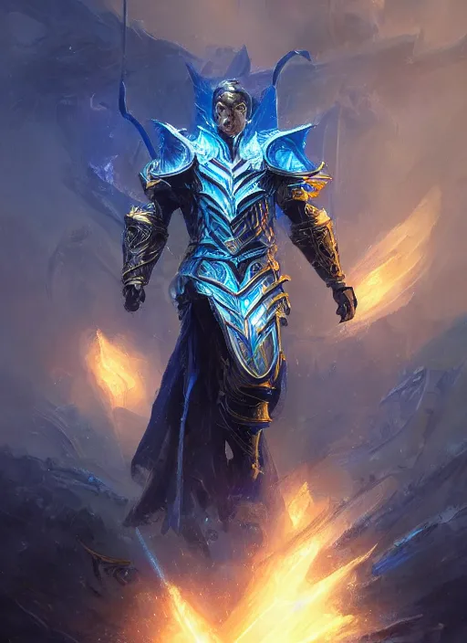 Image similar to kaladin stormblessed in shardplate. a knight in amazing fantasy armor that glows, bursting with blue light, sleek, lightweight but imposing, light glowing from the decorations and inscriptions. intricate and ornate. concept art from artstation. beautiful highly detailed fantasy painting by greg rutkowski