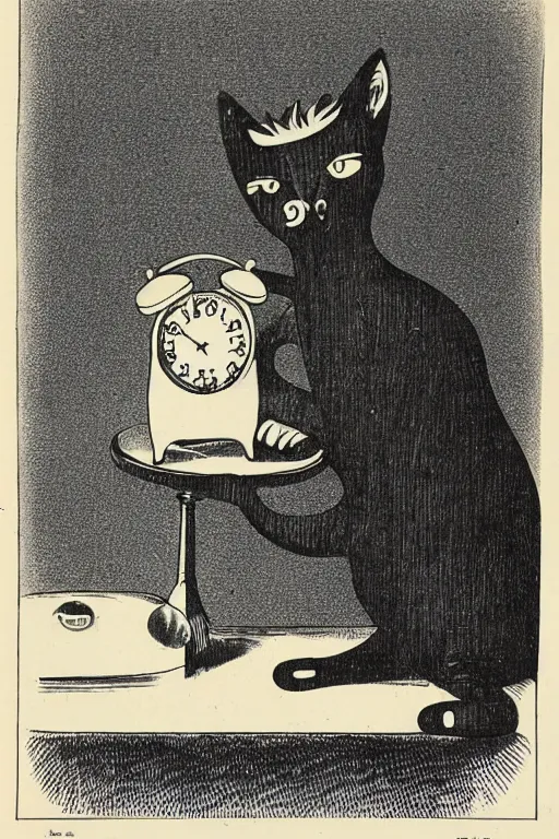 Prompt: cat holding an alarm clock, lithograph image from old textbook