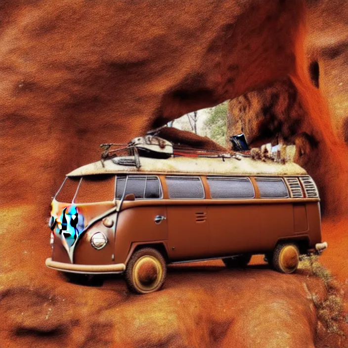 Image similar to picture of ancient vw bus, mammoths and hunters, ancient prehistoric rock art in a cave style, red ocher paint