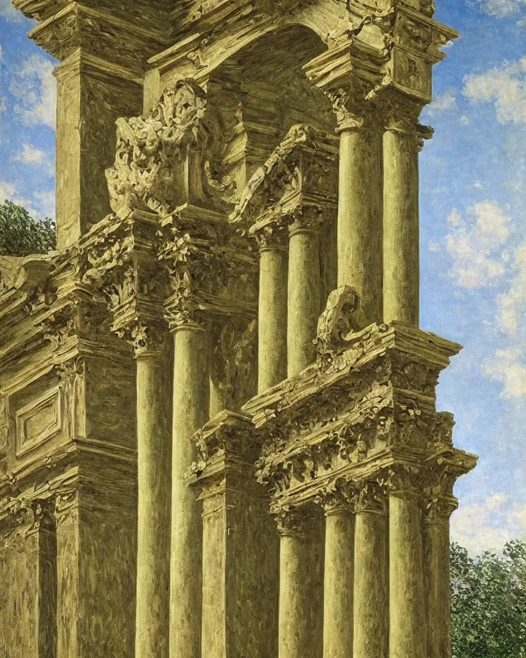 Prompt: achingly beautiful painting of intricate ancient roman ionic capital on olive drab background by rene magritte, monet, and turner. giovanni battista piranesi.