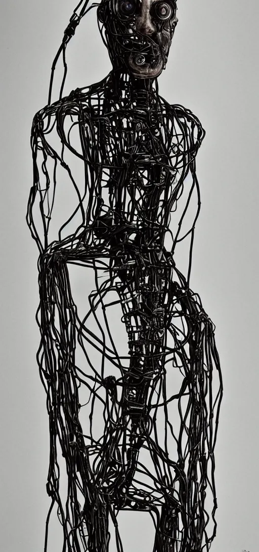 Image similar to human made out of wires and machinery, tall, body horror, creepy, disturbing, dark,