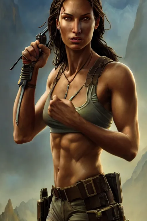 Image similar to epic portrait of slim muscular lara croft, guatemla,, detailed, digital painting, artstation, concept art, donato giancola, joseph christian leyendecker, wlop, boris vallejo, breathtaking, high details, extremely detailed, sincere face, establishing shot, artistic, hyper realistic, beautiful face, octane render 8 k