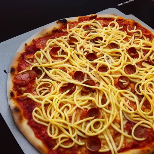 Prompt: Pizza with French Fries and Spaghetti Topping