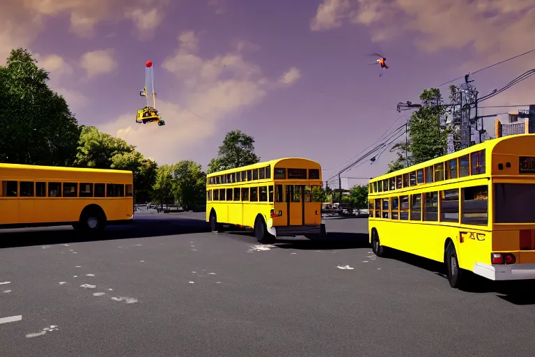 Image similar to Yellow school bus, a red japanese Torii gate, New York location in USA, atomic bomb dropping from the sky, ray tracing, high detail, 4K