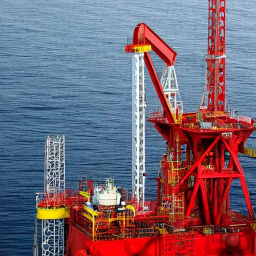 Prompt: oil company making an oil discovery on a red offshore drilling rig