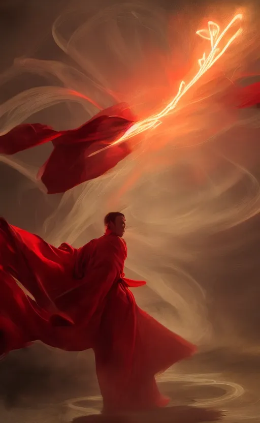 Prompt: man with long red robe over a white shirt magic wand raised high, facing camera, swirling magical energy, magic realism, artwork by chengwei pan, trending on artstation