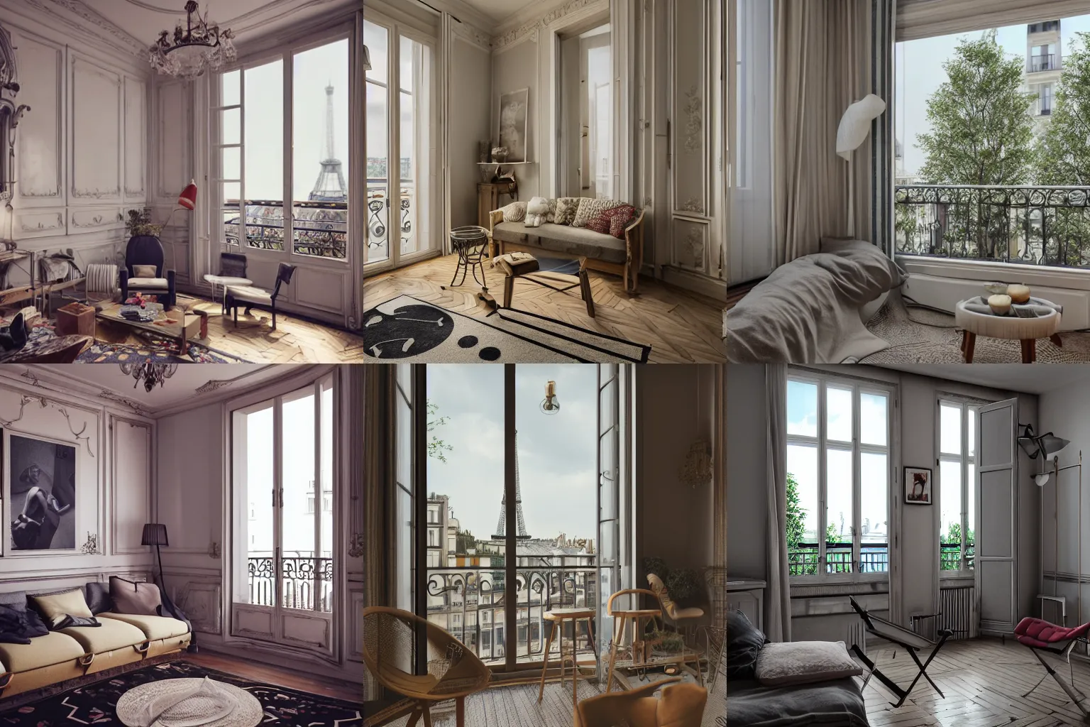 Prompt: parisian studio apartment with a balcony and eiffel view, decorated with vintage furniture and old acoustic piano, cosy vibes, realistic, octane render