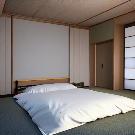 Image similar to still photo of a japanese bed room, highly detailed, photorealistic portrait, bright studio setting, studio lighting, crisp quality and light reflections, unreal engine 5 quality render