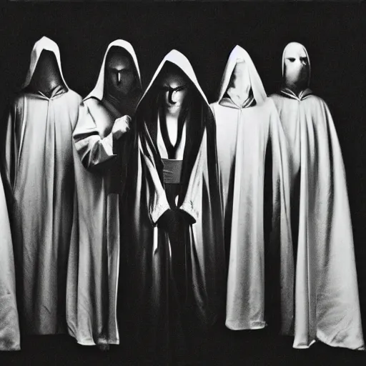 Image similar to a group of robed cultists standing around a metaphysical being, dark, gothic, monochrome, Hannah Barbara, maximalist