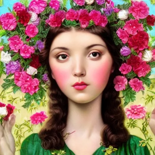 Prompt: a 3 d close up image of a beautiful young women looking at the camera surrounded by lush flowers mark ryden camera, pop