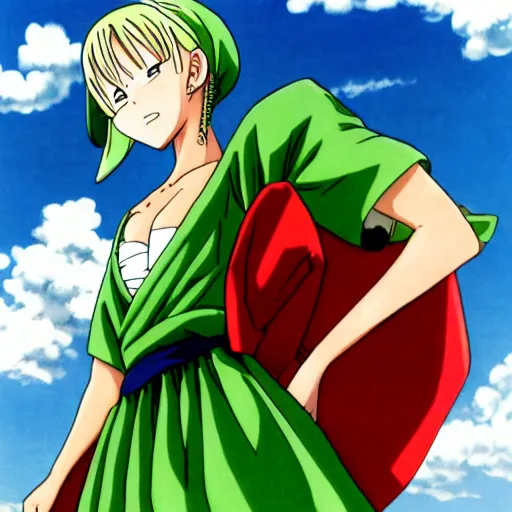 Image similar to anime, girl, green dress, flying, one piece, by akira toriyama