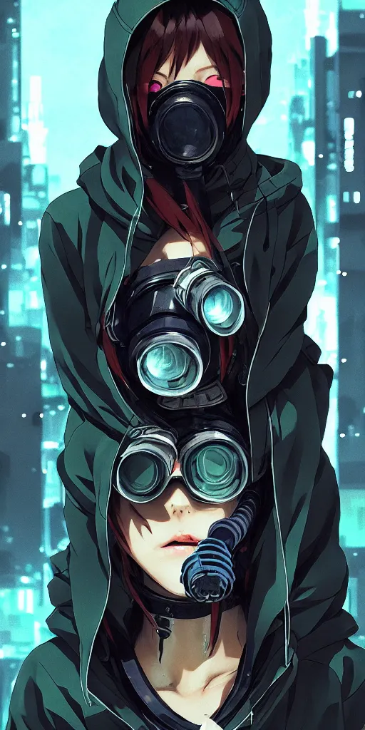 Image similar to cyberpunk anime girl in hoodie, cyberpunk gas mask, 3 / 4 shot, street night, grafity, beautiful face, grafity, arcane, action, tokyo street, detail, good face, pose model, concept art, in style of yoji shinkawa, pan ren wei, col price, atey ghailan, by greg rutkowski, aesthetic