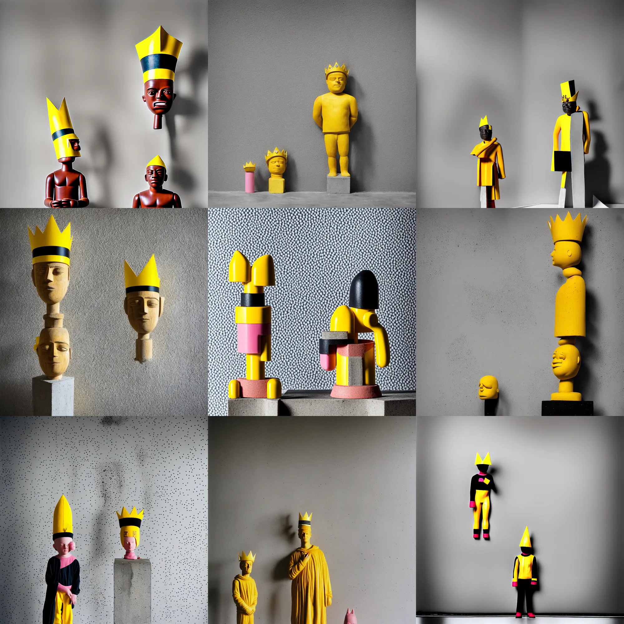 Image similar to kodak portra 4 0 0, 8 k, shot of a highly detailed, britt marling style, colour still - life portrait of a large minimalistic room, rough concrete walls, the wooden statue of a yellow black striped little man with pink crown on his head