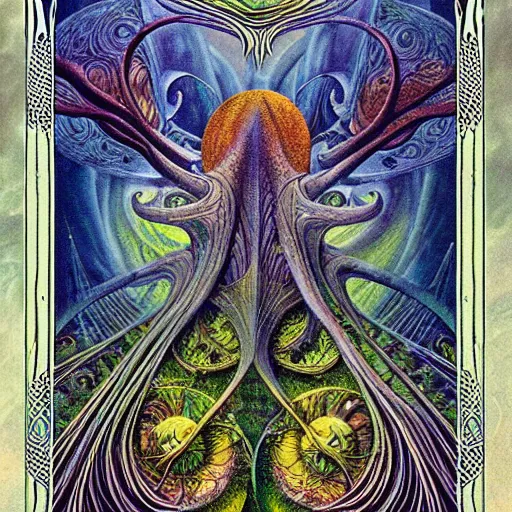 Prompt: pagan tarot card border art details by roger dean and andrew ferez, art forms of nature by ernst haeckel, divine chaos engine, symbolist, visionary, art nouveau, botanical fractal structures, organic, detailed, realistic, surreality