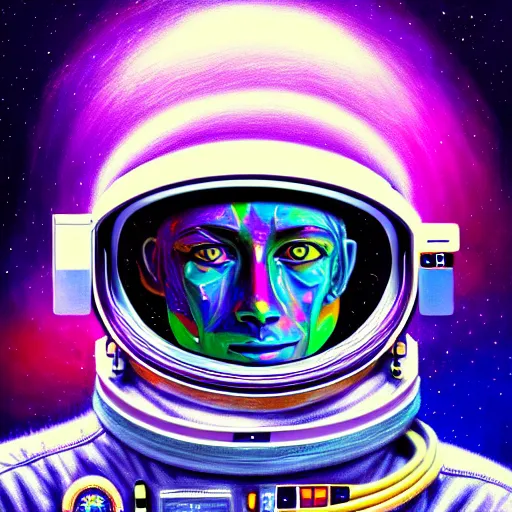 Prompt: An extremely psychedelic portrait of an astronaut, surreal, LSD, face, detailed, intricate, elegant, lithe, highly detailed, digital painting, artstation, concept art, smooth, sharp focus, illustration