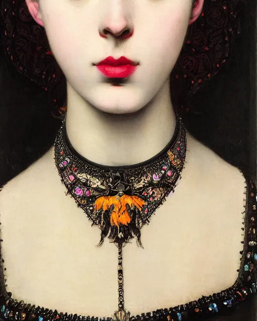 Image similar to a close up of beautiful gothic girl with black lipstick wearing a intricate necklace surrounded by colourful intricate patterns, by edgar maxence and caravaggio and michael whelan, intricate painting, hyper realistic, extremely detailed and beautiful aesthetic face, 8 k resolution