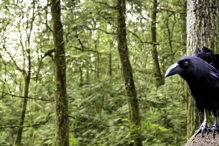 Image similar to !!!!!! human mixed with a crow, photograph captured in a dark forest