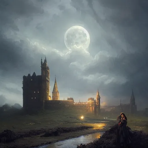 Image similar to a victorian setting, dramatic light, castle background, clouds, moon, storm, night, high detail, fantasy background, painted by greg rutkowski, digital art, trending on artstation