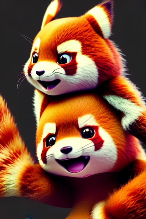 Image similar to high quality 3 d render hyperrealist very cute happy red panda & cat hybrid, vray smooth, detective pikachu, very dramatic light, low angle, uhd 8 k, shallow depth or field