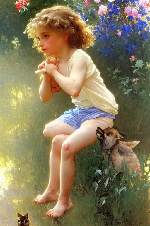 Prompt: a seven - year old with curly dirty blonde hair, blue eyes, tan skin a tee shirt and shorts, playing with foxes, painting by daniel gerhartz, alphonse mucha, bouguereau, detailed art, artstation