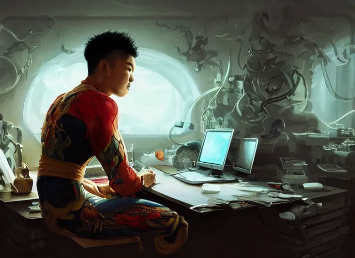 Image similar to an insanely detailed painting of an asian man wearing a homemade superhero costume, sitting at a desk, staring seriously at the computer and typing, in the style of peter mohrbacher, james jean, artgerm, dramatic lighting and composition, surreal background, octane render, pixar, trending on artstation, concept art, comic book, view from behind, 8 k