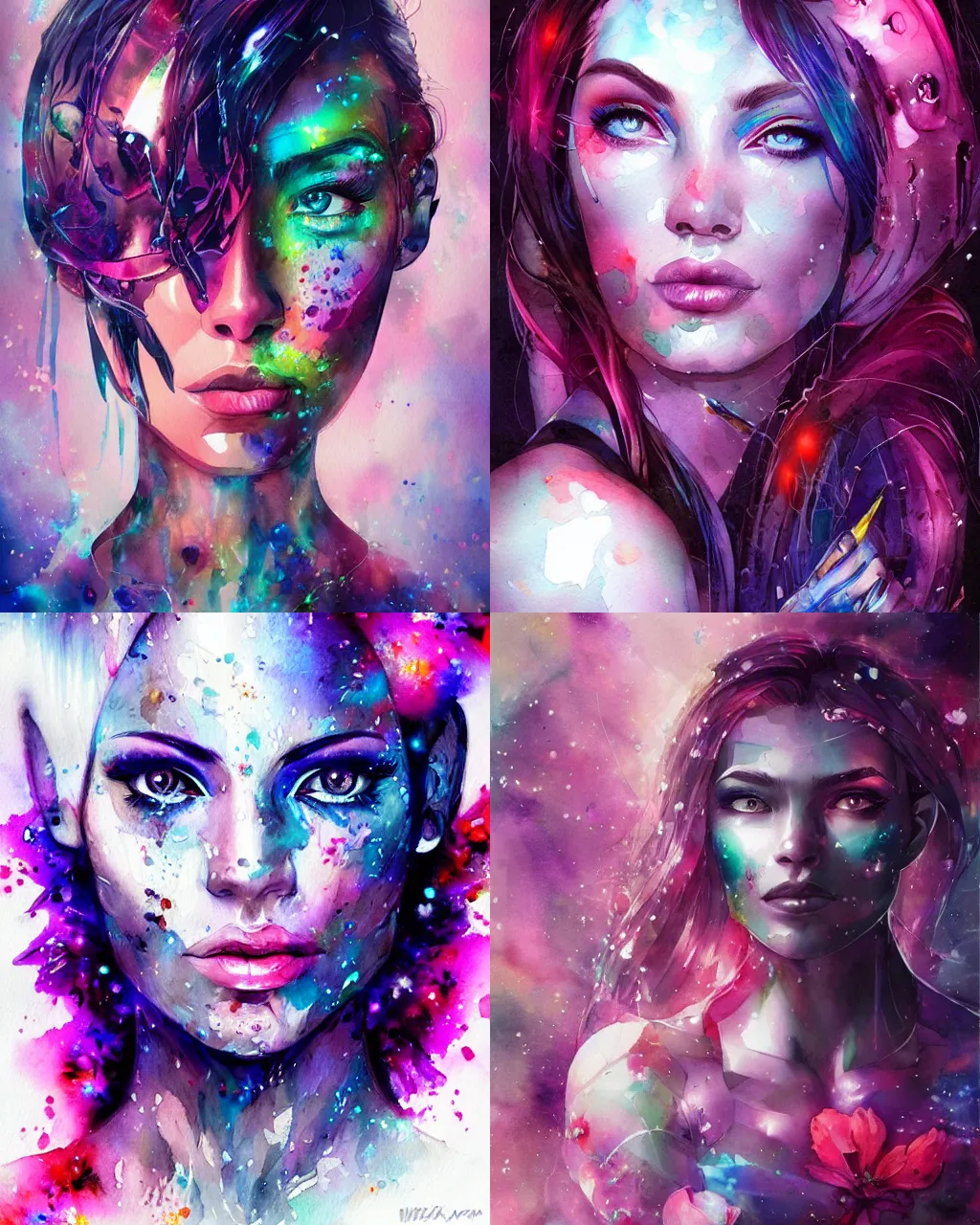 Prompt: cyborg beauty watercolor flower portrait, midnight fantasy art by WLOP and artgerm and alena aenami