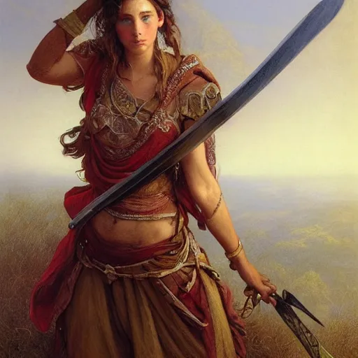 Prompt: artstation concept of a beautiful girl holding a sword in both hands, brown sweaty skin, symmetrical face, casual white garment, brown canyon background, shiny colorful, hyperdetailed, artstation trending, world renowned artists, worth1000.com, historic artworks society, antique renewel, cgsociety, by greg rutkowski, by Gustave Dore, Deviantart